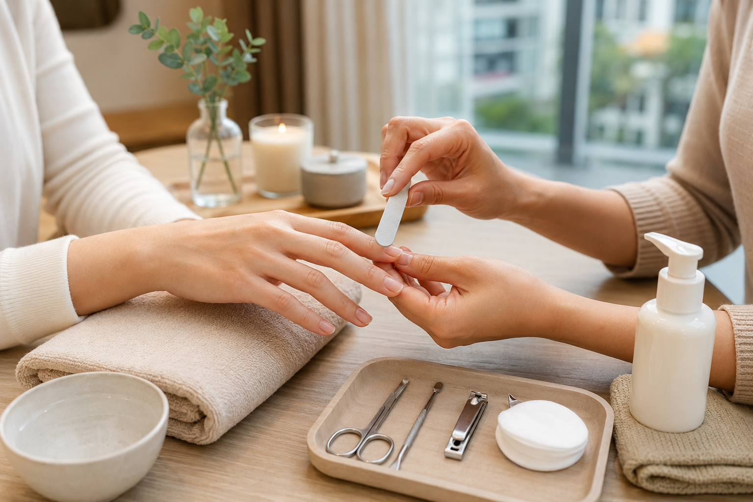 Natural nail shaping and hand care performed in a clean home setting / 整洁居家环境中进行自然甲修形与手部护理