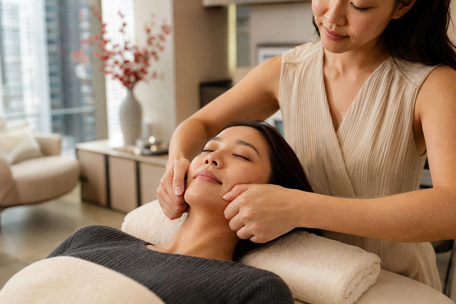 Gentle facial relaxation care performed in a warm home setting without visible redness / 温暖居家环境中的轻柔面部舒缓护理,皮肤无明显红痕