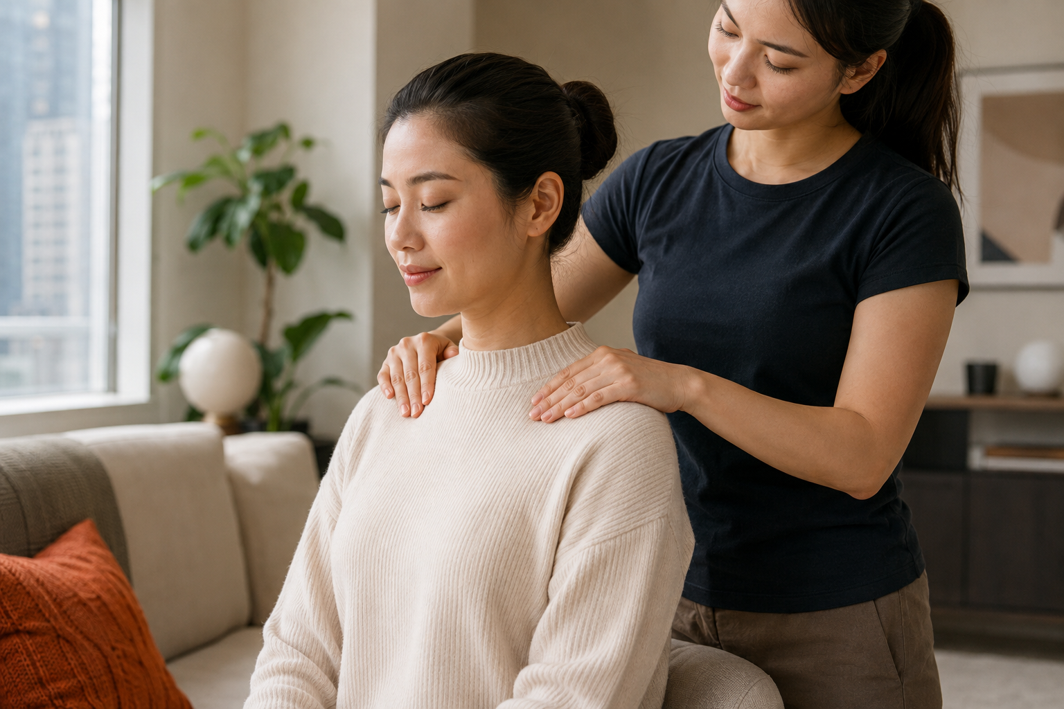 Fully clothed employer receiving gentle shoulder relaxation care at home / 穿着完整的雇主在家接受轻柔肩颈舒缓护理