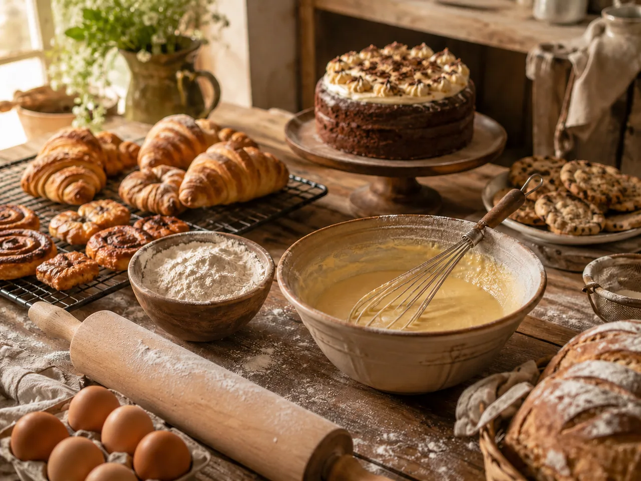 Warm baking table with pastries, cake, batter, flour, rolling pin, eggs and artisan bread / 温暖的烘焙台上摆有糕点、蛋糕、面糊、面粉、擀面杖、鸡蛋和面包