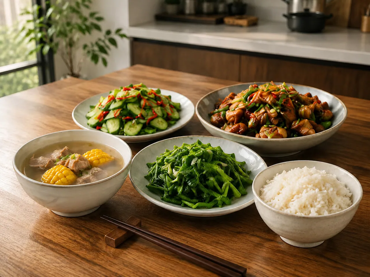 Chinese family meal with rice, soup, vegetables and stir-fried dishes on a wooden dining table / 木质餐桌上的家庭中餐，包括米饭、汤、蔬菜和炒菜