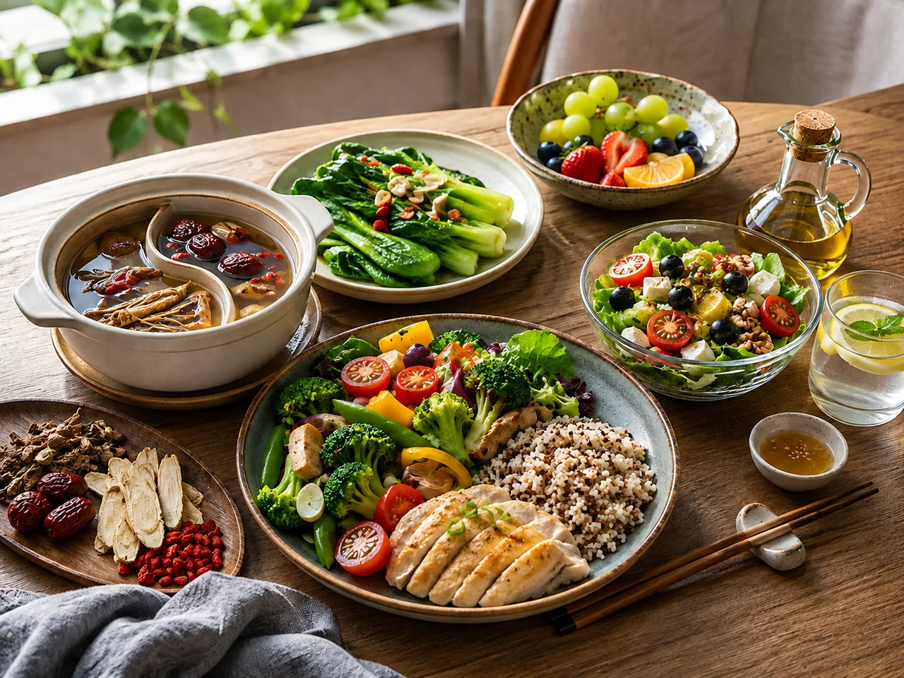Balanced healthy meal spread combining Chinese nourishing soup and herbs with a modern vegetable, protein and grain plate / 结合中式滋养汤与养生食材，以及现代蔬菜、蛋白质和谷物均衡餐盘的健康膳食