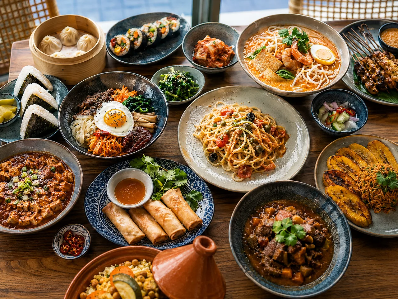 International Asian cuisine spread with dim sum, spicy dishes, rice balls, rolled egg, noodles, soup and side dishes / 摆有点心、香辣料理、饭团、玉子烧、面食、汤品和配菜的国际亚洲料理餐桌