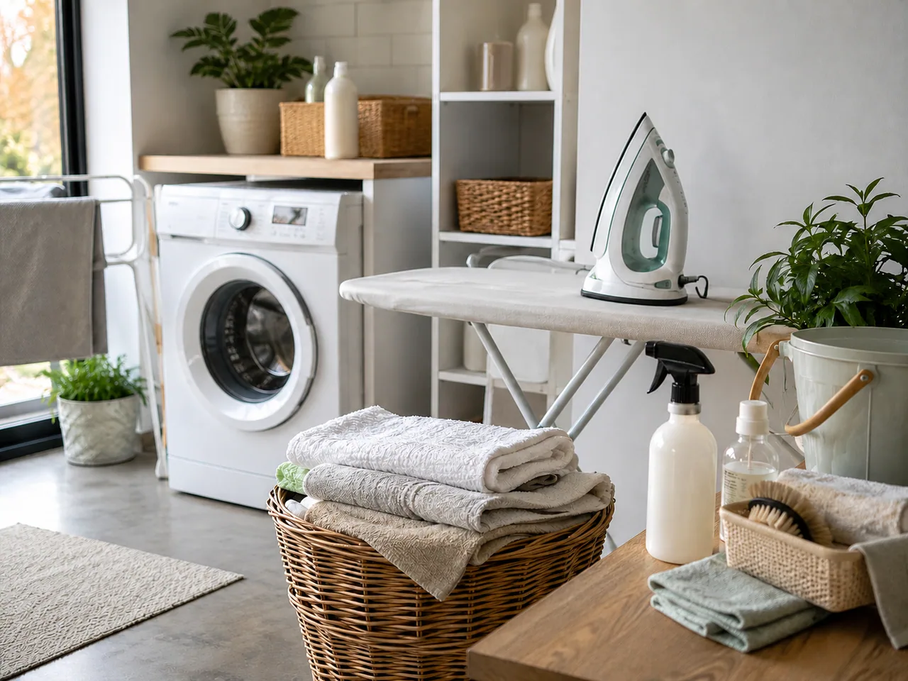 Bright laundry room with a washing machine, ironing board, folded towels and cleaning supplies / 明亮洗衣房内摆有洗衣机、熨衣板、折叠毛巾和清洁用品