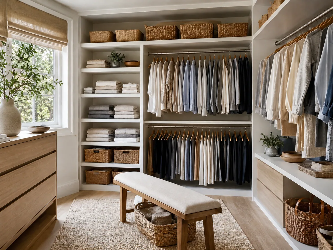 Organised walk-in wardrobe with neatly hung clothing, folded towels, shelving and woven baskets / 整洁的衣帽间内有分类悬挂的衣物、折叠毛巾、置物架和藤编篮