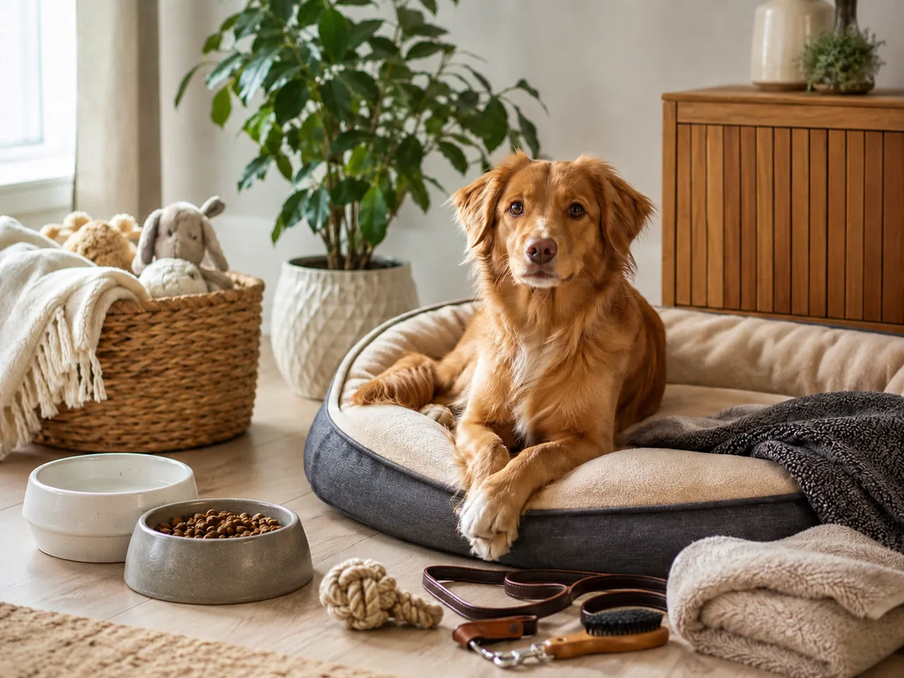 Golden dog resting in a pet bed with food bowls, leash, grooming brush and toys nearby / 金色犬只卧在宠物床上，旁边摆有食盆、牵引绳、梳子和玩具