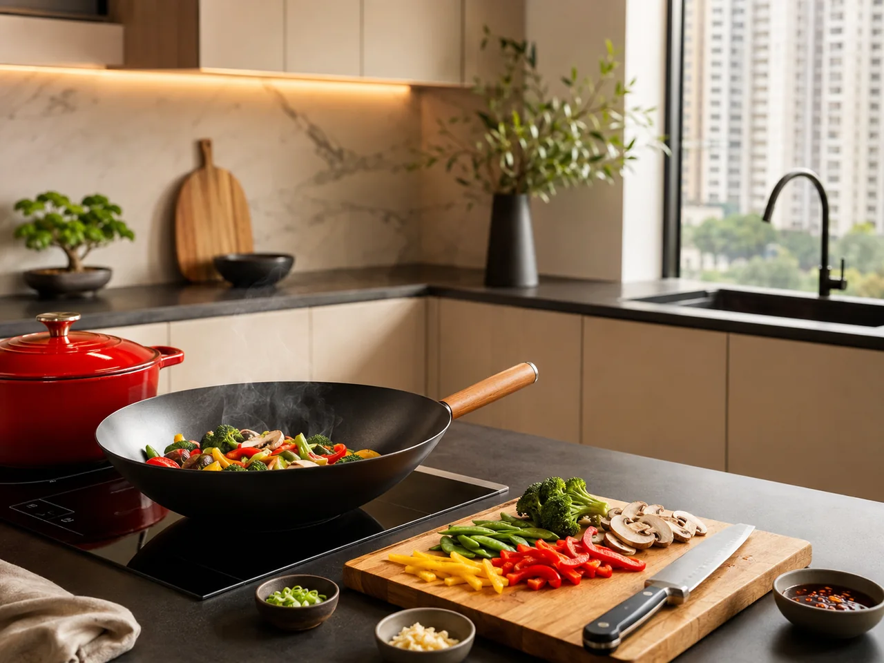 Vegetables cooking in a wok beside prepared ingredients in a modern home kitchen / 现代家居厨房中,炒锅内烹调蔬菜,旁边摆放已准备好的食材