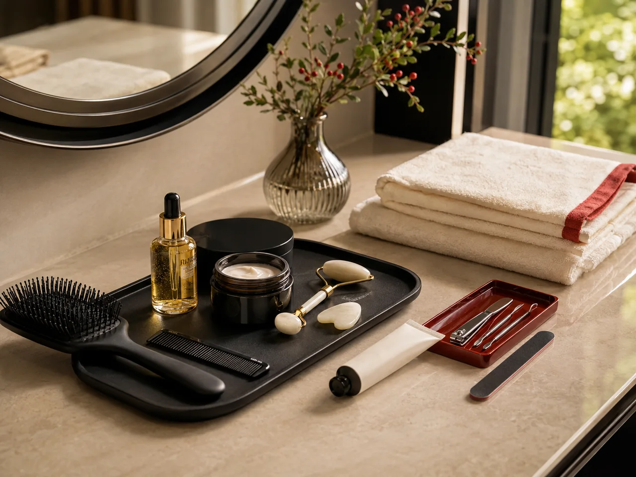 Hair and beauty care tools, skincare products and folded towels arranged at a home vanity / 居家梳妆台上整齐摆放美发美容工具、护肤品与折叠毛巾