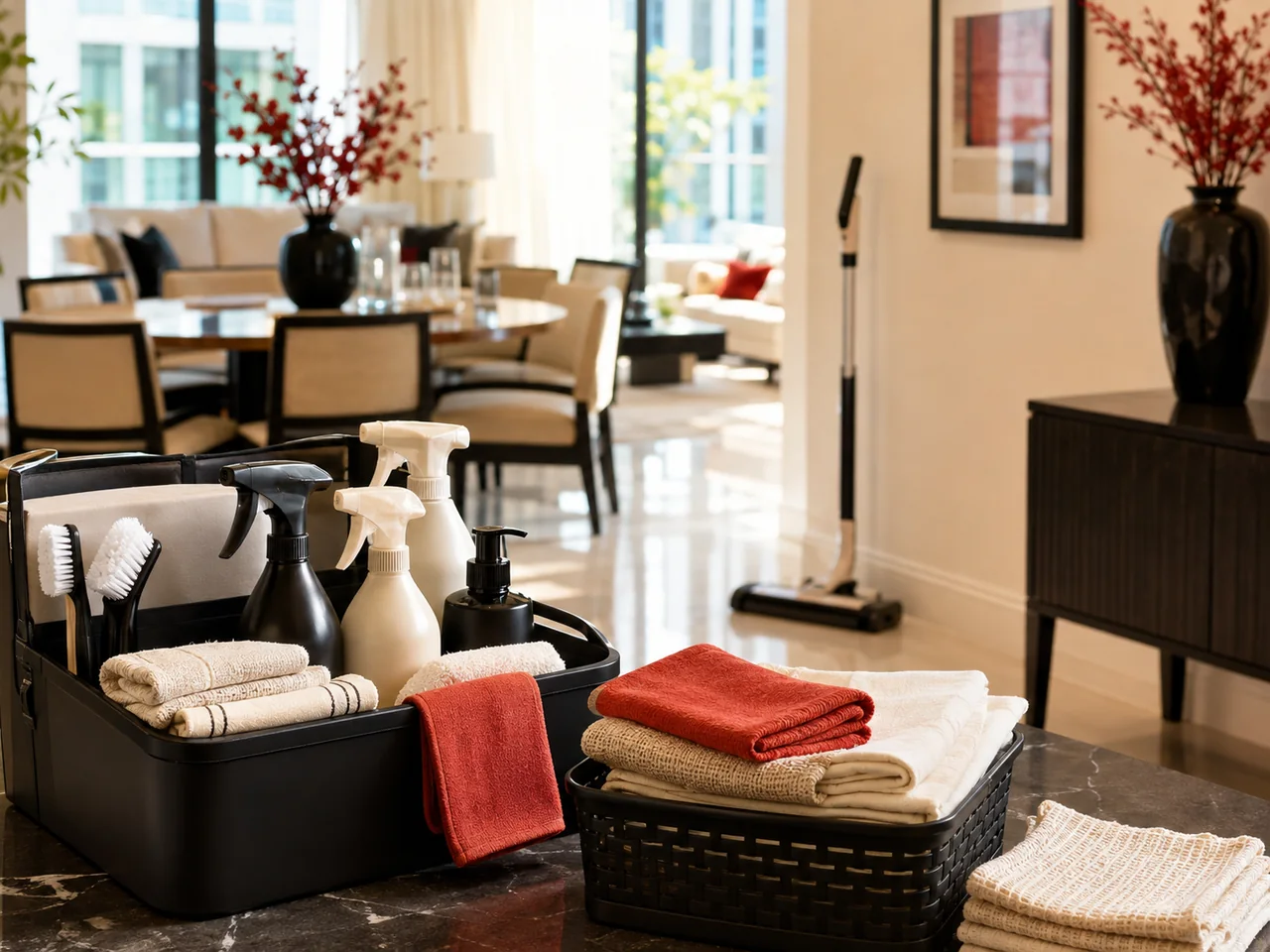 Cleaning products, cloths and a floor cleaner arranged in a bright modern home / 明亮现代家居中摆放清洁用品、抹布与地面清洁设备