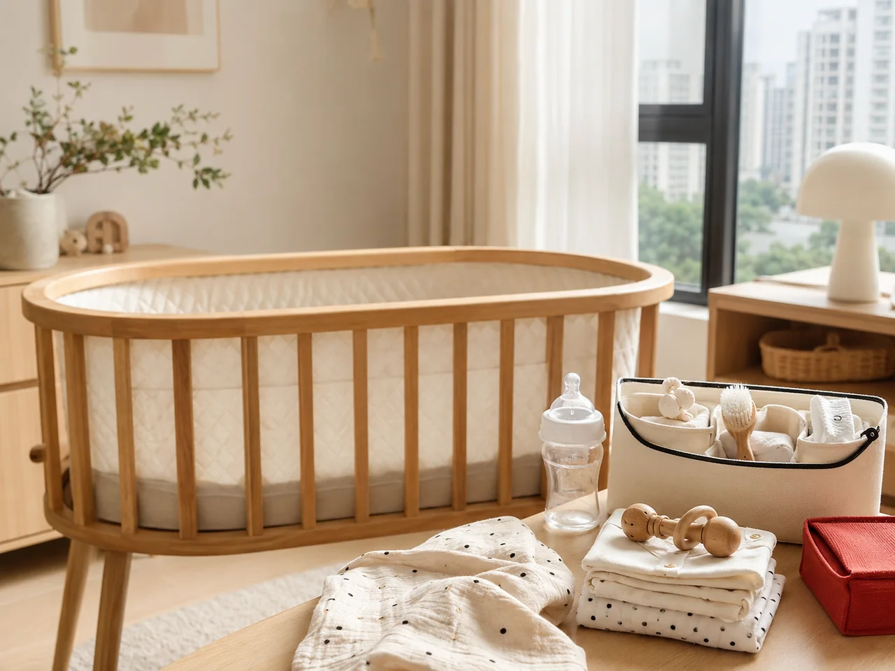 Prepared infant-care essentials beside a wooden bassinet in a bright nursery / 明亮婴儿房中,木质婴儿床旁摆放已准备好的照护用品