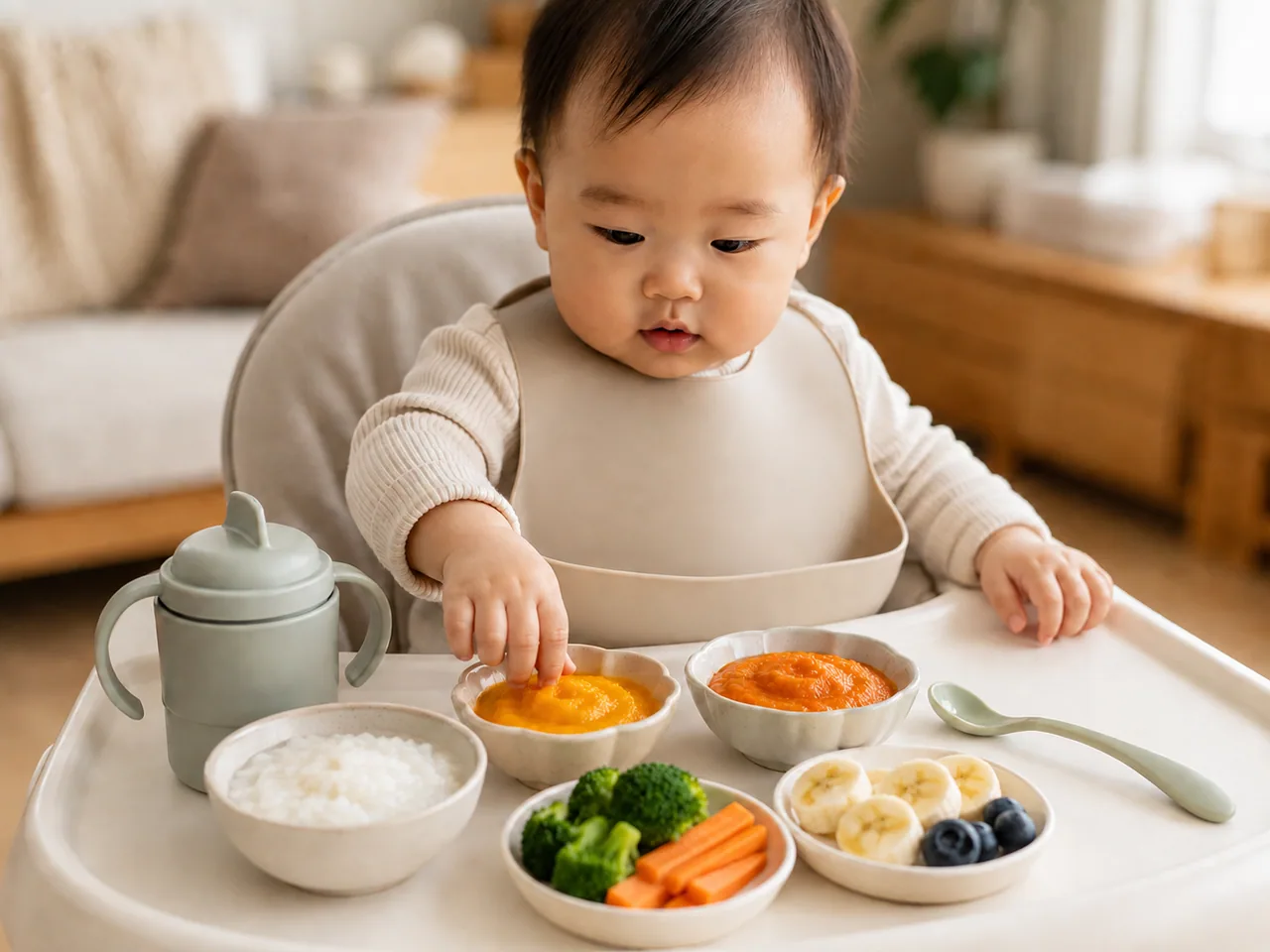 Baby seated in a high chair with puree, rice, broccoli, carrots, banana and blueberries / 宝宝坐在餐椅中，面前摆有果蔬泥、米饭、西兰花、胡萝卜、香蕉和蓝莓
