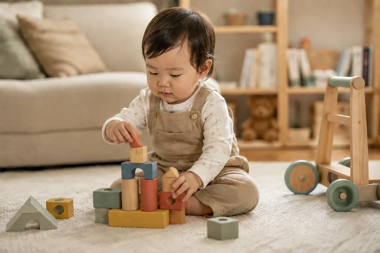 Toddler seated on a soft rug playing with wooden blocks beside a wooden push toy / 幼儿坐在柔软地毯上玩木质积木，旁边摆有木制推行玩具
