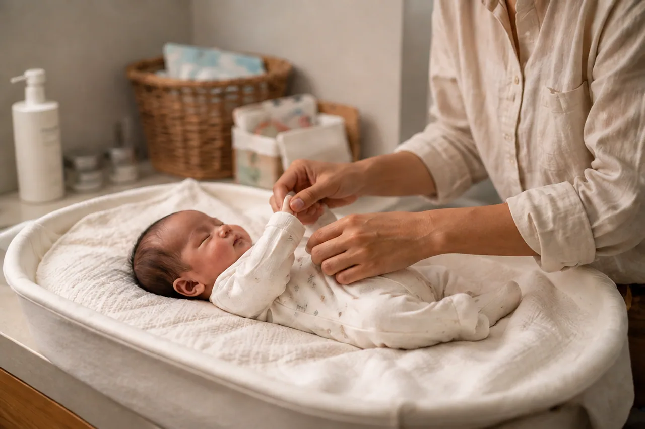 Caregiver gently dressing a newborn on a softly padded changing surface / 照护者在柔软护理台上轻柔地为新生儿整理衣物