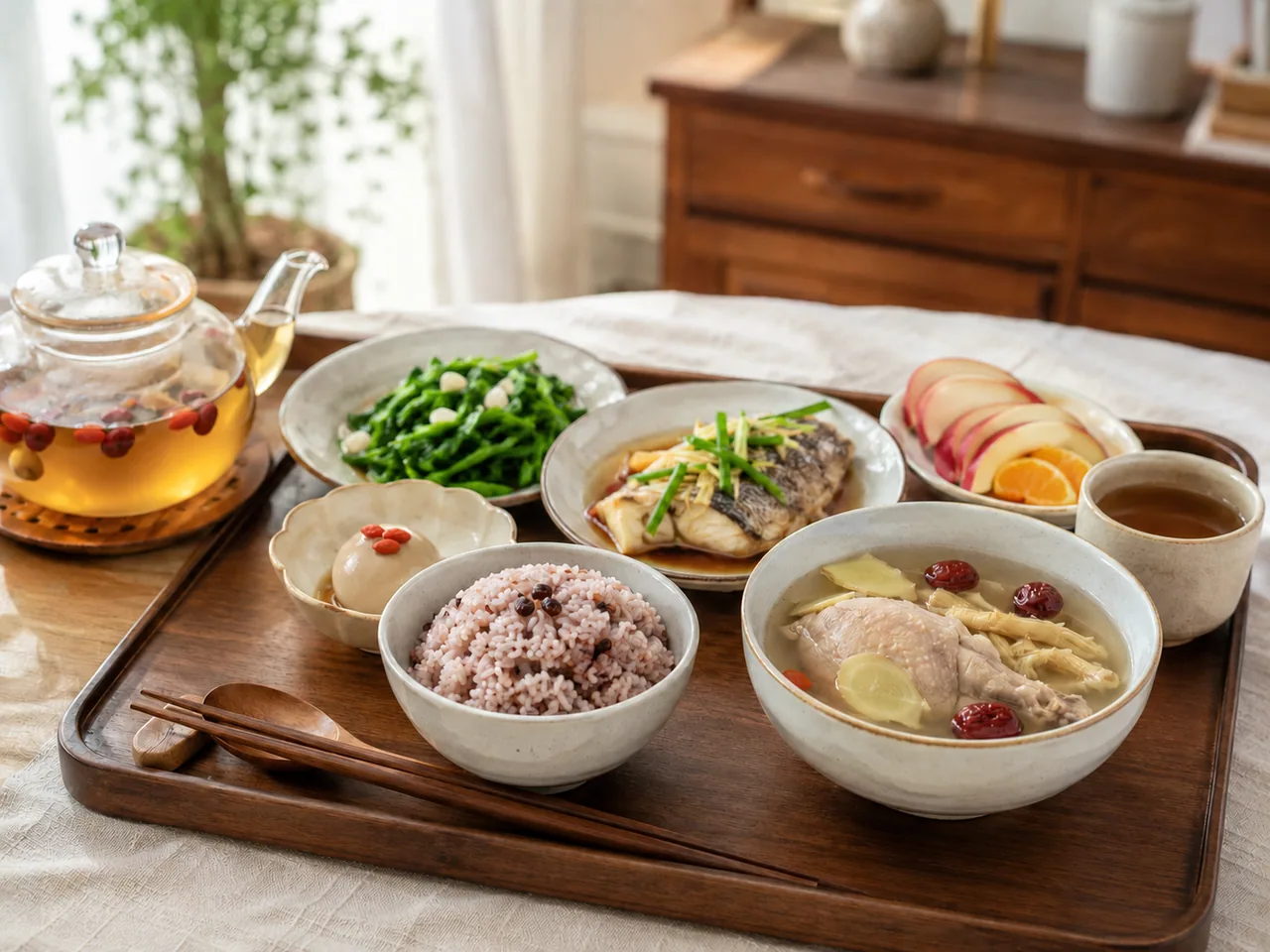 Chinese postpartum meal with rice, chicken soup, steamed fish, greens, fruit and tea / 包含米饭、鸡汤、蒸鱼、青菜、水果和茶的中式月子餐