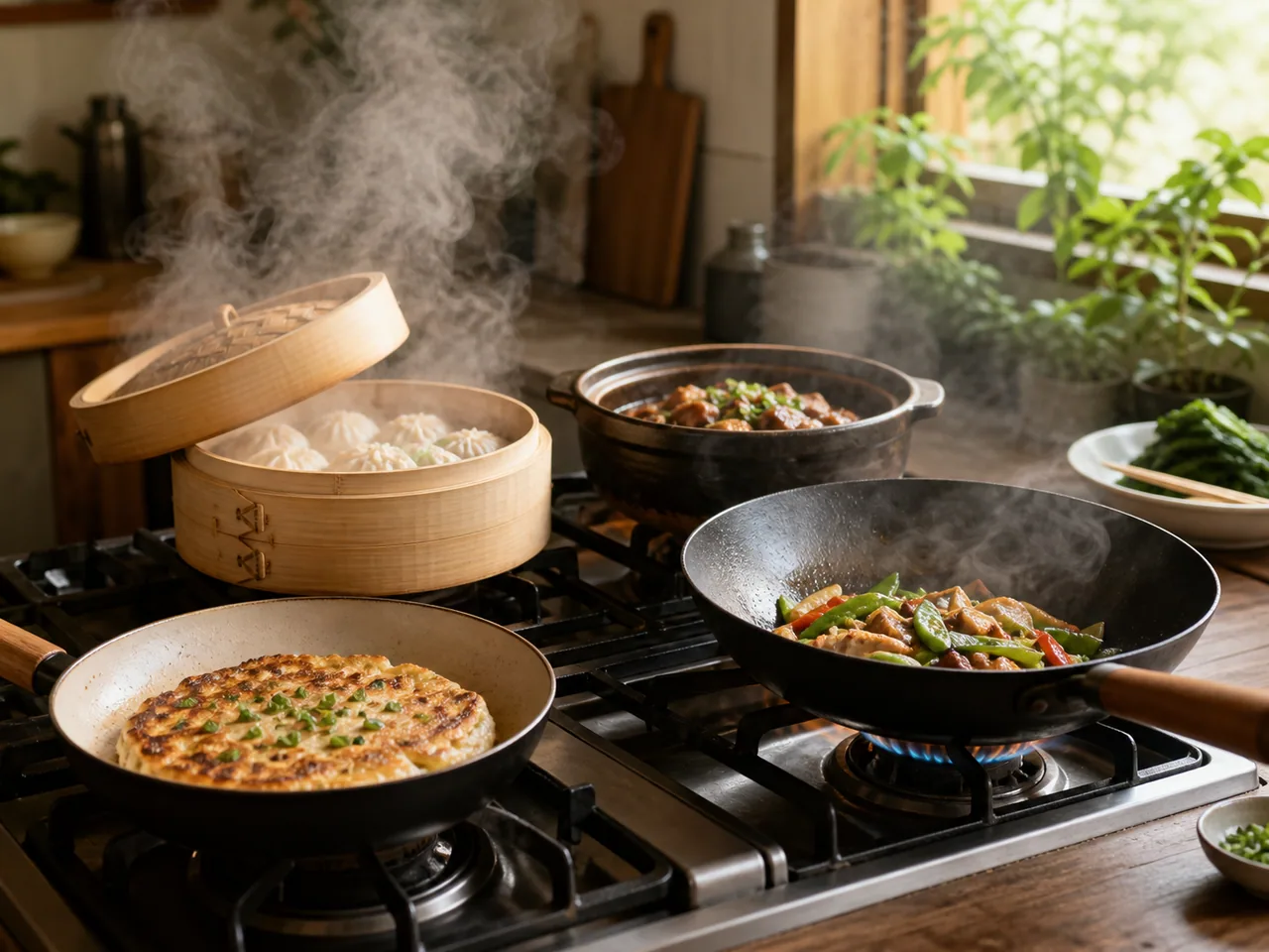 Chinese home kitchen showing steaming, stir-frying, pan-frying and braising techniques / 家庭中式厨房中展示蒸、炒、煎与炖等烹饪技法