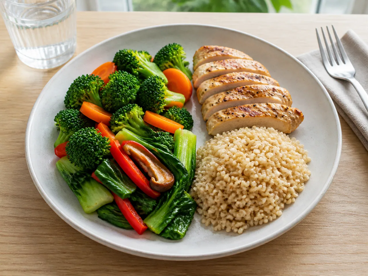 Balanced 2:1:1 plate with vegetables, lean protein and wholegrain carbohydrates / 包含蔬菜、优质蛋白和全谷物主食的均衡211健康餐盘