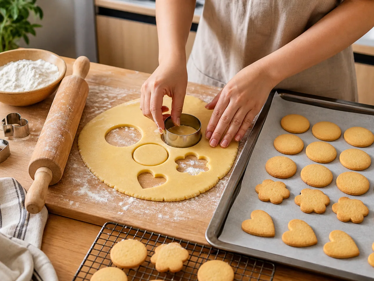 Assorted freshly baked biscuits and cookies cooling on a baking table / 烘焙台上放凉的多款新鲜饼干与曲奇