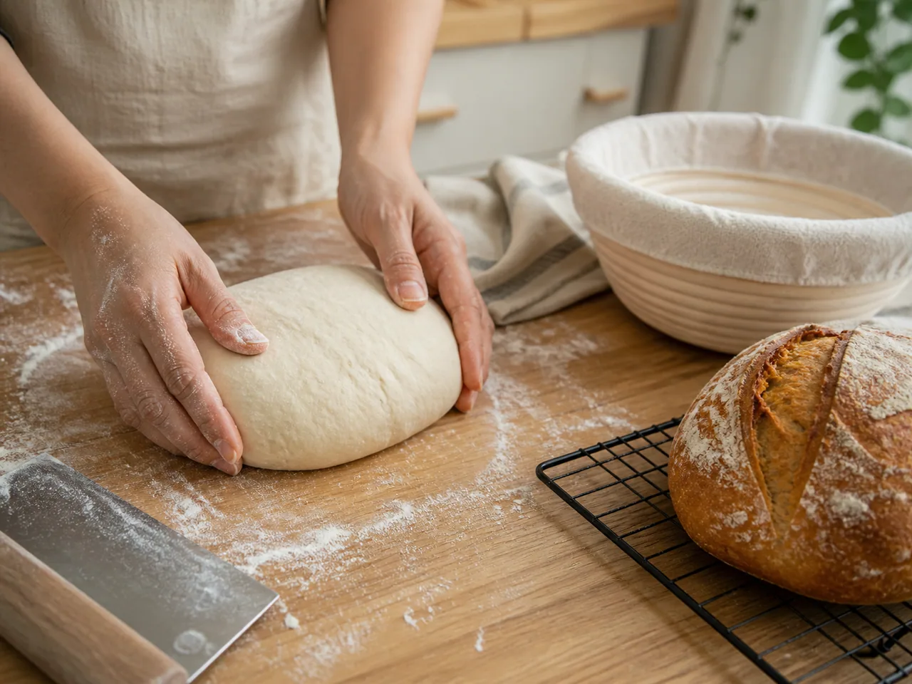 Freshly baked artisan loaves and rolls on a warm home baking table / 温暖家庭烘焙台上的新鲜手工面包与餐包