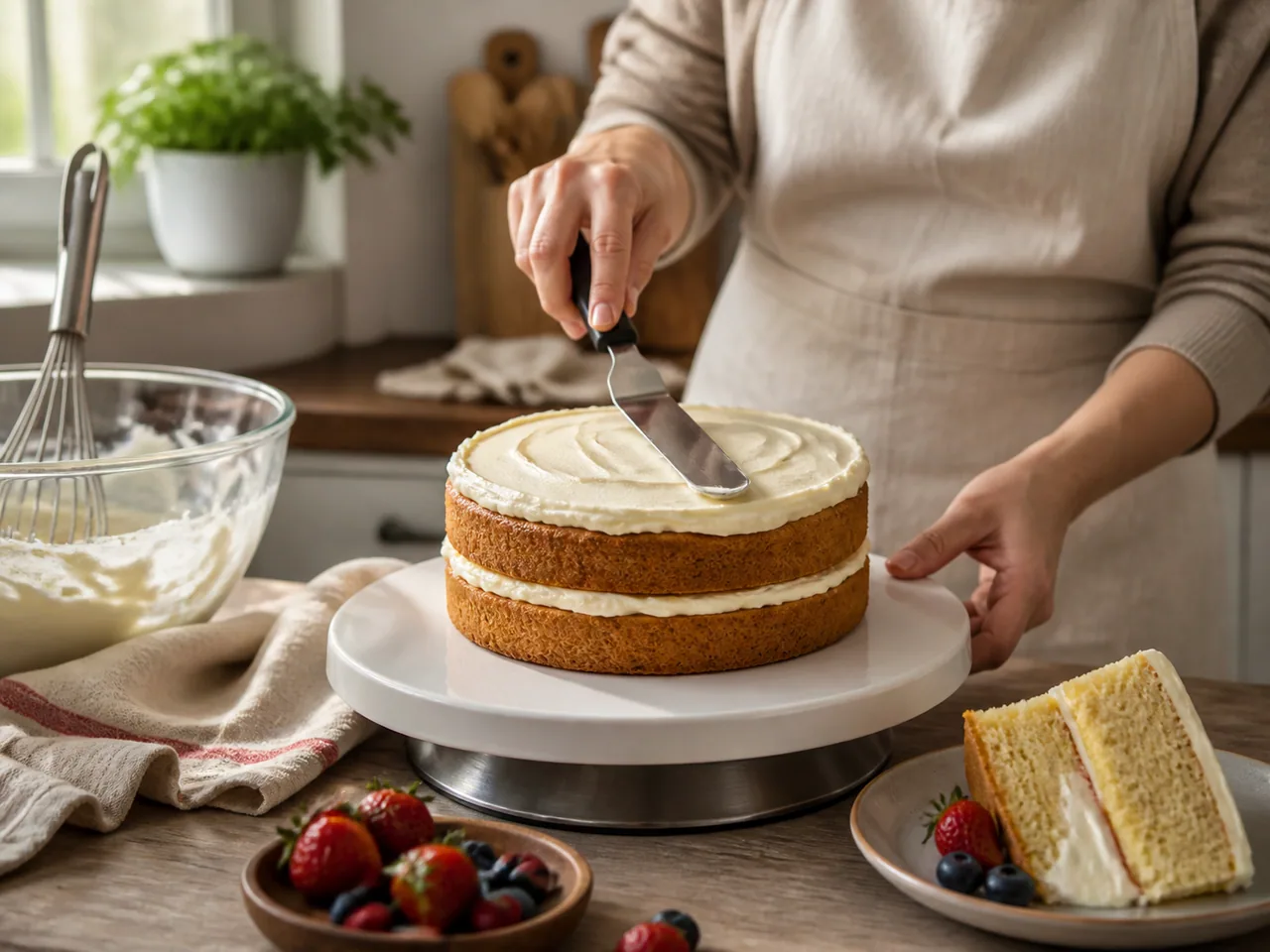 Freshly decorated cakes and slices prepared in a home baking setting / 家庭烘焙场景中制作完成并装饰好的蛋糕与切片