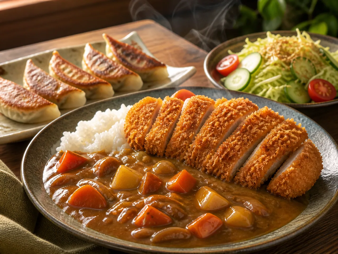 Japanese curry rice with crispy tonkatsu, pan-fried gyoza and fresh salad / 搭配香脆炸猪排、煎饺和新鲜沙拉的日式咖喱饭