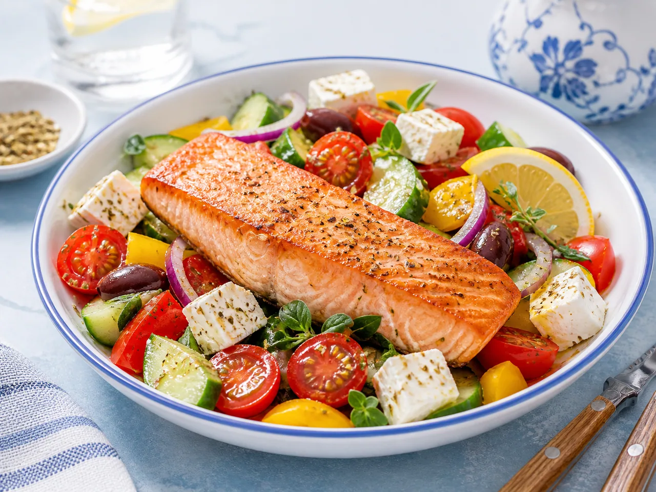 Seared salmon with tomatoes, cucumber, peppers, olives and feta cheese / 搭配番茄、黄瓜、彩椒、橄榄和菲达奶酪的香煎三文鱼