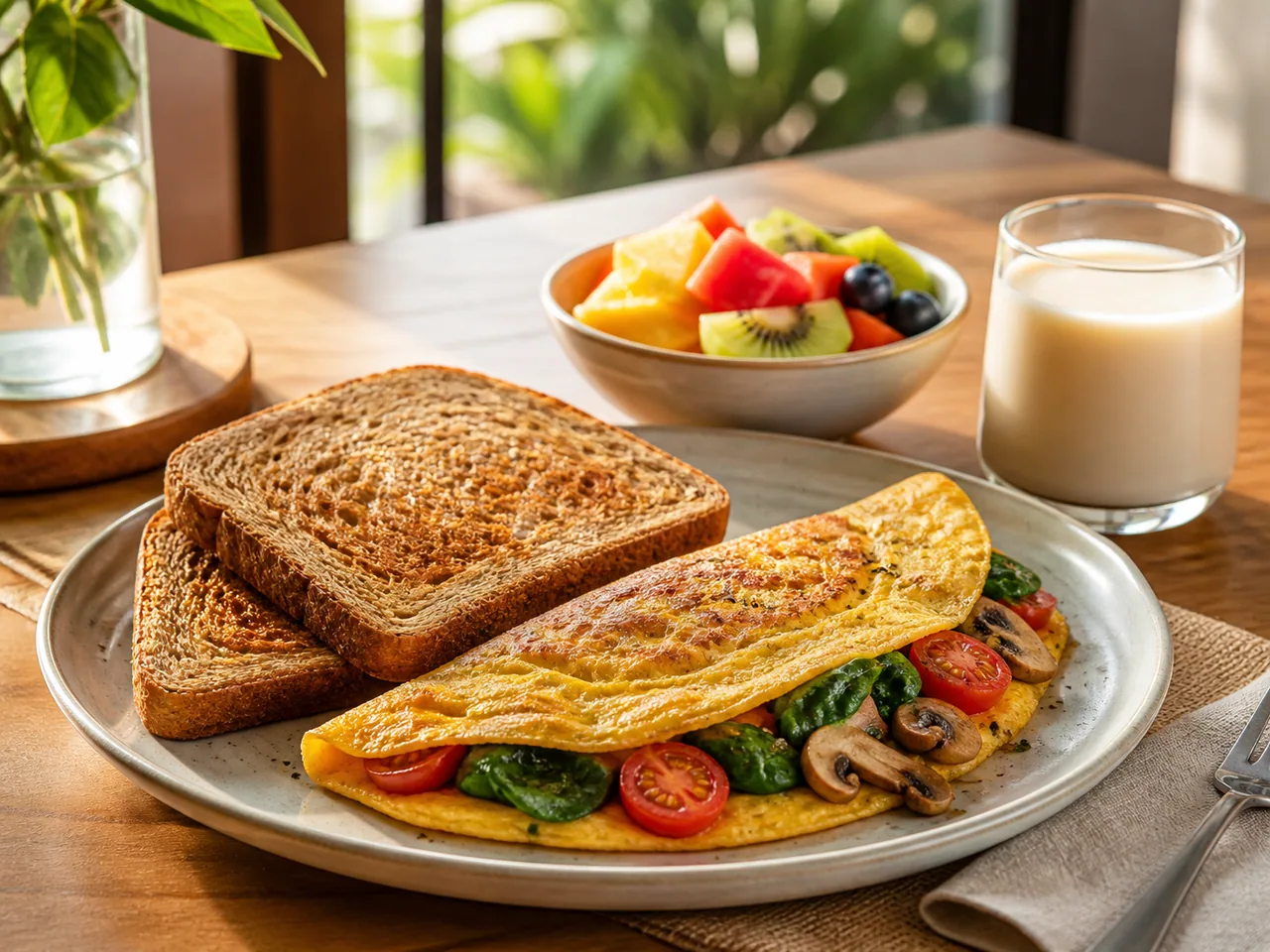 Wholegrain toast with a vegetable omelette, fresh fruit and soy milk / 搭配蔬菜蛋卷、新鲜水果和豆奶的全麦吐司早餐