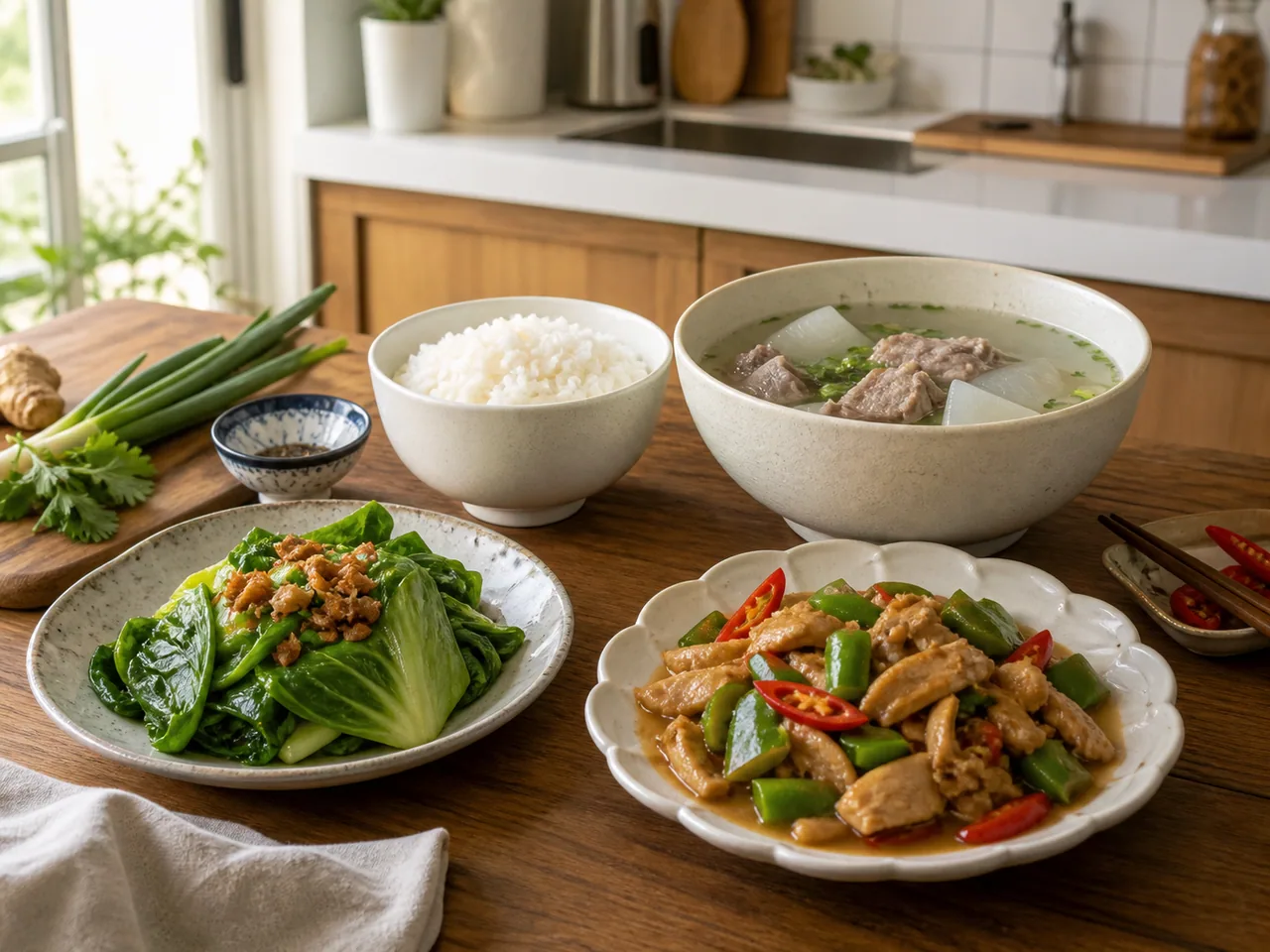 Everyday Chinese family meal with rice, soup, vegetables and home-style dishes / 包含米饭、汤、蔬菜和家常菜的日常家庭中餐