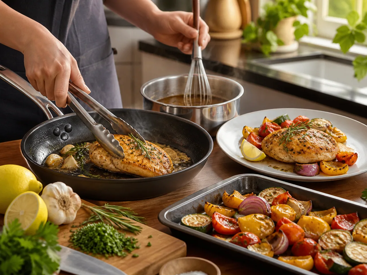 Home cook pan-searing herb chicken while preparing pan sauce and roasted vegetables / 家庭厨房中煎制香草鸡肉并准备基础酱汁和烤蔬菜