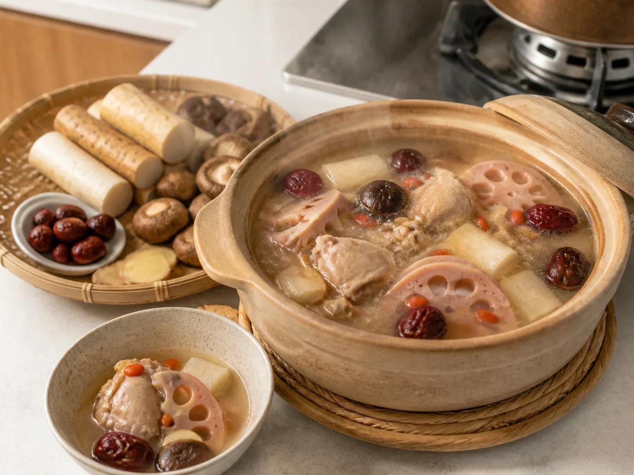 Two contrasting Chinese nourishing soups with traditional herbs and ingredients / 搭配传统药膳食材的两款不同属性中式养生汤